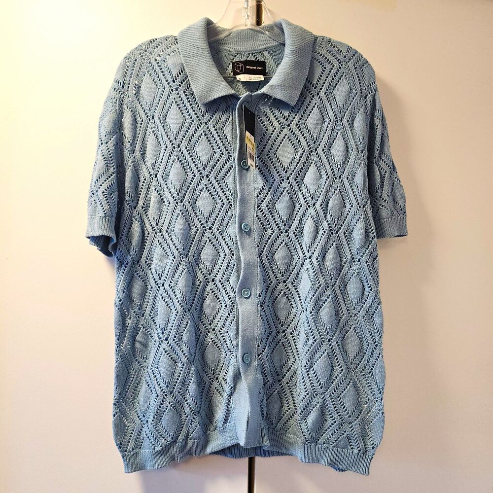 Original Use Mens Blue Crochet Open-Knit Button-Front Collared Cotton Cardigan S - Picture 1 of 7